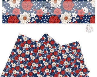 Muse Bloom - We the People Floral - Faux Leather -  Red and White Floral on Navy Vegan Sheet - July 4th Patterned Sheet - Floral Craft Sheet