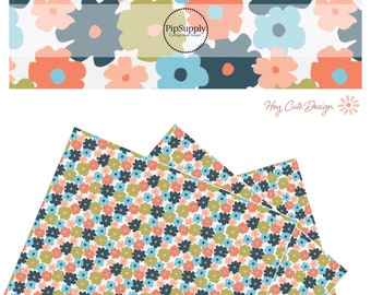 Hey Cute Design - Spring Botanicals - Faux Leather Sheet - Flower Faux Leather Rolls - Floral - Vegan Leather - Blue & Orange Flower Sheet