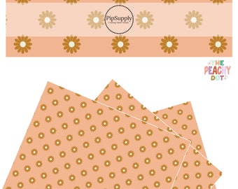 The Peachy Dot - Retro Daisy Orange on Peach - Faux Leather - Floral Faux Leather Roll - Rusty Flowers Vegan Sheet - Peach Crafting Sheet