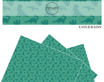Cate & Rainn - Dino Silhouettes Teal - Faux Leather Sheet - Dinosaur Faux Leather Rolls - Dinosaurs Vegan Leather - Dino Craft Sheet