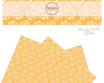 Hufton Studio - Daisy Hearts Mustard - Faux Leather - Hearts On Yellow Faux Leather Roll - White Flowers on Yellow Faux Leather Sheets