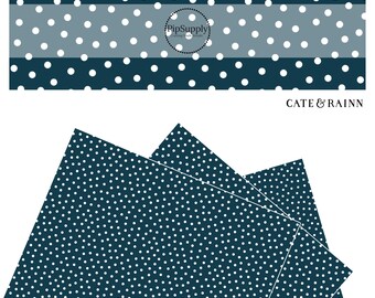 Cate & Rainn - Denim Blue Dots - Faux Leather - Navy Blue Custom Sheet - Polka Dots on Navy Blue Designer Sheet - White Dots Vegan Sheet