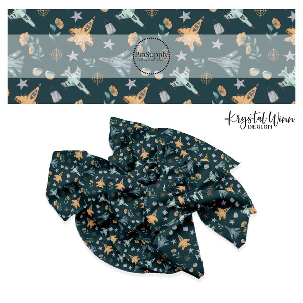 Krystal Winn - Aviation Floral on Navy - Bow Strips - Navy No Sew Bow Strips - Airplane Hair Bows - Fighter Jet Designer Bows - Military Bow