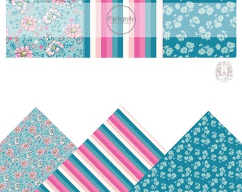 Muse Bloom - Blue Teal Florals - Faux Leather Sheets - Flowers And Stripes - Hot Pink Aqua Teal Blue And Light Pink Vegan Sheet