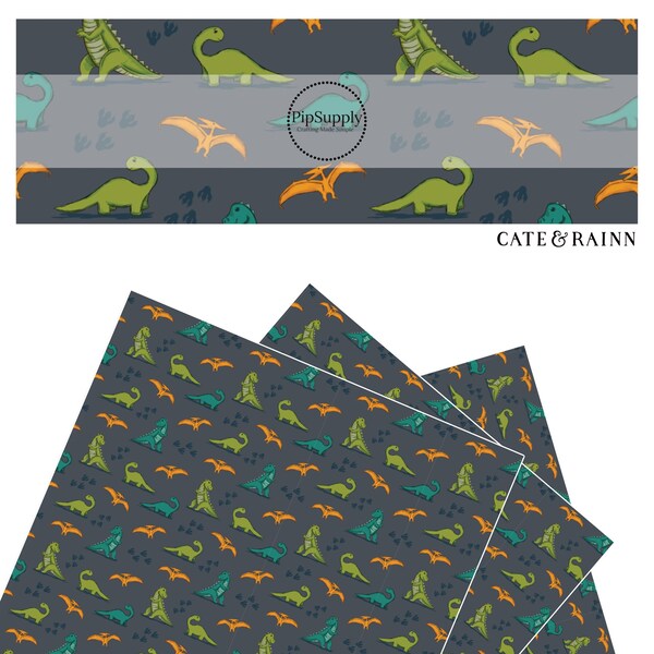 Cate & Rainn - Dinos and Tracks Charcoal - Dinosaur Faux Leather Sheet - Dinos Faux Leather Rolls - Dinosaur - Synthetic Leather Sheet