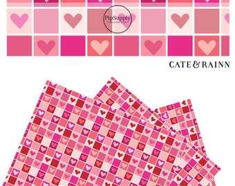 Cate and Rainn - Affectionate Hearts Checkerboard Pinks - Faux Leather Sheet - Pink Heart Faux Leather Roll - Pink Multi Checker Sheet