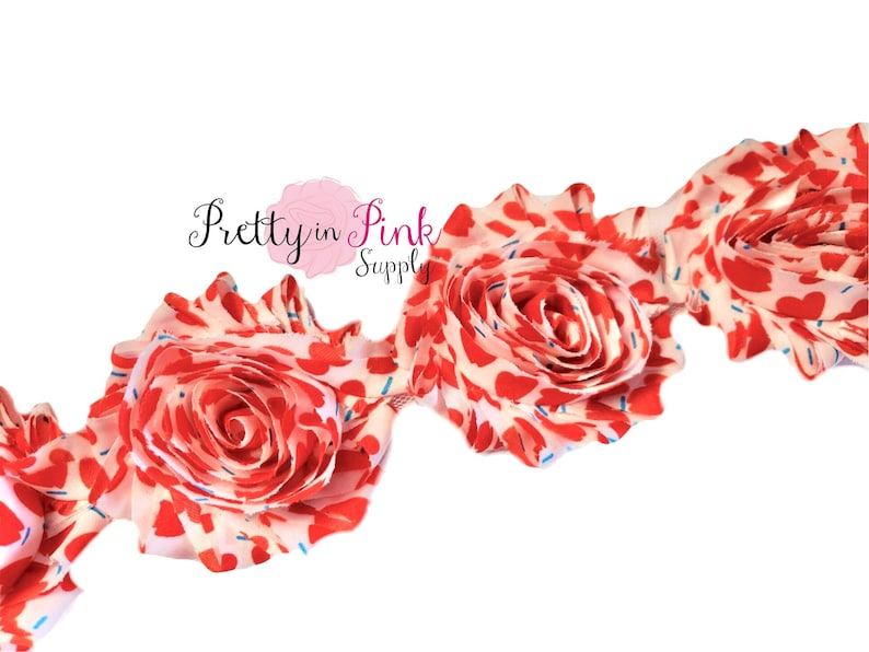 White Red Heart Dot Shabby Rose Trim..Shabby Flowers...Shabby Flower Rose Trim..12 yard...Chiffon Flower...Shabby Chic...Rose Trim