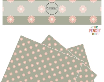 The Peachy Dot - Retro Daisy Light Peach on Sage - Faux Leather - Floral Faux Leather Roll - Peach Flowers Vegan Sheet - Sage Crafting Sheet