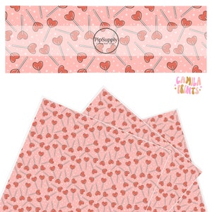 Faux Leather - Cherry Lollipops - Valentine Faux Leather - Custom Faux Leather Sheet - White Stars On Pink - Red Heart Candy Faux Roll