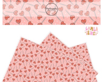 Faux Leather - Cherry Lollipops - Valentine Faux Leather - Custom Faux Leather Sheet - White Stars On Pink - Red Heart Candy Faux Roll