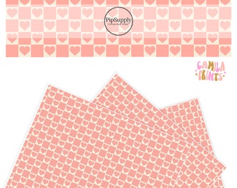 Faux Leather - Heart Checkered - Valentine Faux Leather - Pink Hearts Roll - Designer Checkered Faux Leather Sheet - Cream With Pink Hearts
