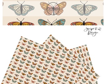 Juniper Row - Magical Monarchs Cream - Faux Leather Sheet - Blue and Orange Butterflies on Cream Faux Roll - Spring Butterflies Vegan Sheet