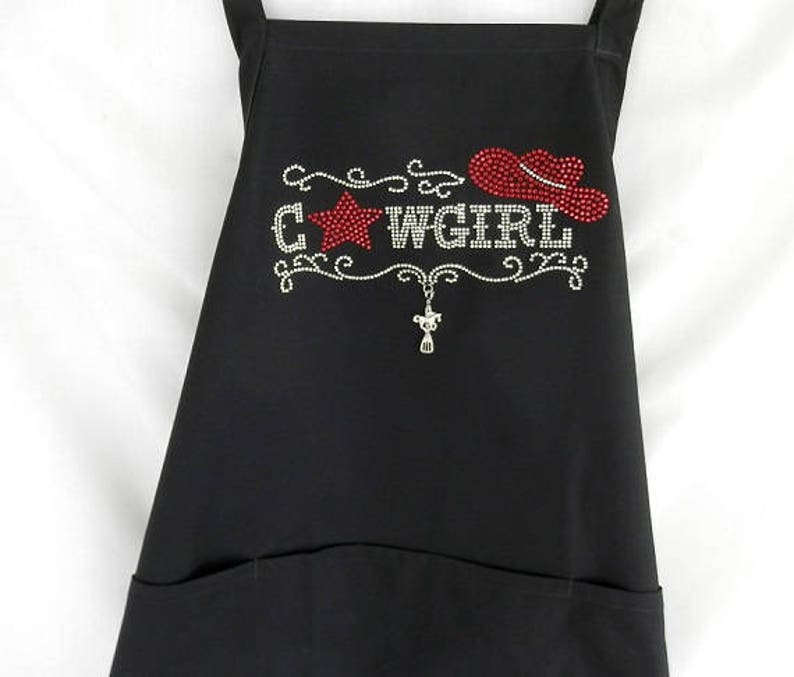 Unique Gift For The Cowgirl Cook or Western Theme Restaurant Rhinestone Red and Clear Cowgirl Black Cooking Apron with Two Charms