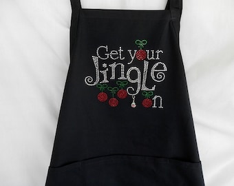 Christmas Apron Get Your Jingle On Womens Rhinestone Apron.  It Comes With A Removable Red Bell Charm Or Choose A Charm From The 2nd Picture