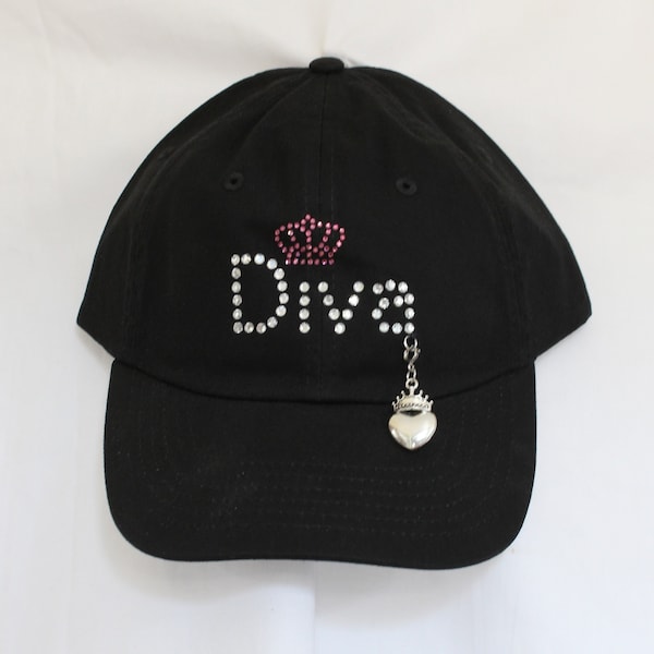 Diva With A Pink Crown Womens Rhinestone Baseball Hat.   It Comes With A Removable Heart Crown Charm Or Choose A Charm From The 2nd Picture