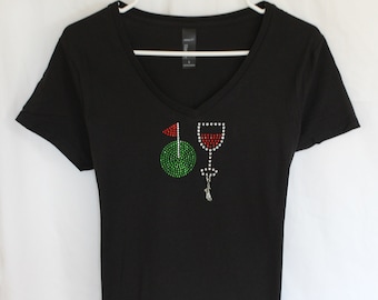 Putting Green And Wine Womens Rhinestone T Shirt  It Comes With A Removable Golf Bag Charm Or Choose A Charm From The 2nd Pic  Golf Shirt