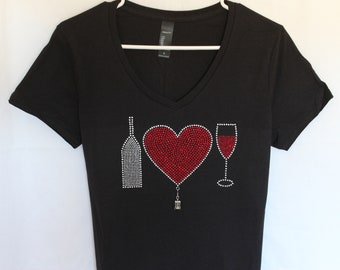 Women's Wine Bottle Heart & Wine Glass Rhinestone T-Shirt.  It Comes With A Removable Corkscrew Charm Or Choose A Charm From The 2nd Picture