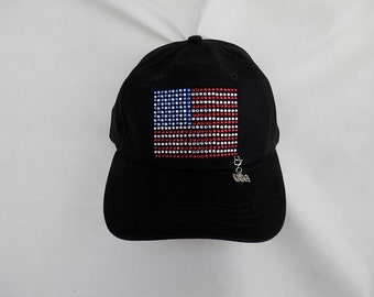 American Flag Womens Rhinestone Baseball Hat.  It Comes With A Removable USA Charm Or Choose A Charm From The 2nd Pic.  USA  4th Of July Cap