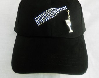 Wine Bottle Rhinestone Hat Cap It Comes With A Removable Wine Glass Charm Attached Wine Drinker Wine Taster Baseball Hat Cap