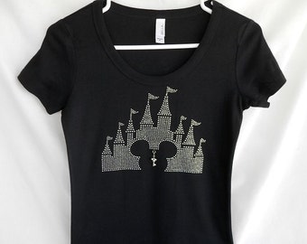 Disney Castle With Mickey Head Women's Rhinestone T-Shirt.  It Comes With A Removable Mickey Key Charm Or Choose A Charm From The 2nd Pic