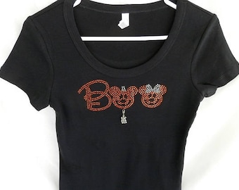 Disney Halloween Mickey Minnie Boo Rhinestone T Shirt.  It Comes With A Removable Haunted House Charm Or Choose A Charm From The 2nd Picture
