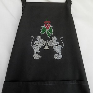 Mickey and Minnie Rhinestone Womens Apron Kissing Under The Mistletoe With A Removable Merry Christmas Charm Disney Fanatic Gift Apron