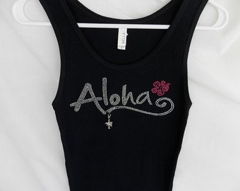 Aloha & Pink Hibiscus Flower Womens Rhinestone Tank Top.  It Comes With A Removable Palm Tree Charm Or Choose A Charm From The 2nd Picture