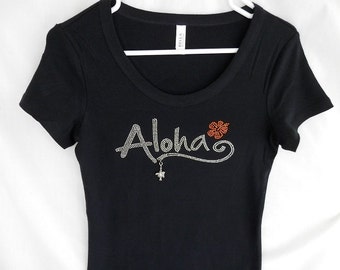 Aloha Hibiscus Rhinestone T-Shirt with Charm