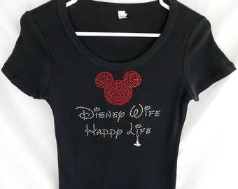 Disney Wife Happy Life Rhinestone T-Shirt with Mickey Charm