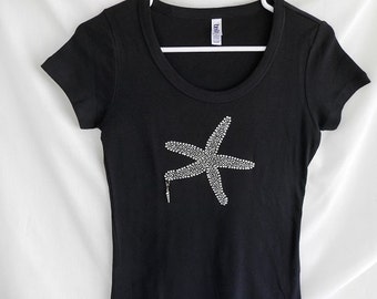 Starfish Womens Rhinestone T-Shirt.   It Comes With A Removable Shell Charm Or Choose A Charm From The 2nd Pic.   Beach Sailor Boater Bling