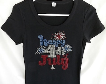 Happy 4th Of July Rhinestone Womens T-Shirt  It Comes With A Removable USA Charm Or Choose A Charm From The 2nd Picture   4th Of July Shirts