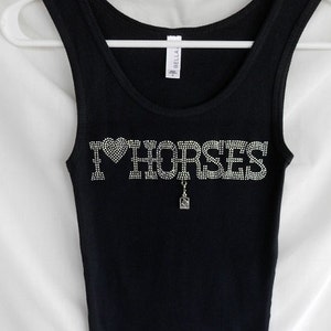 I Heart Horses Rhinestone Tank Top.   It Comes With A Removable Horse Frame Charm Or Choose A Charm From The 2nd Pic.  Cowgirl Shirts