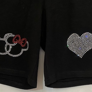 Mickey Minnie Disney Womens & Jrs Rhinestone Shorts  Several Designs To Choose From  Two Lengths  Disney Vacation Shorts Bling Disney Shorts