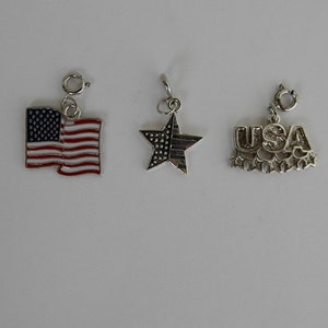May include: Three silver charm pendants with patriotic themes. The first charm is a red, white and blue American flag. The second charm is a silver star with a blue and white striped design. The third charm is a silver pendant with the word "USA" in raised letters and five small stars.