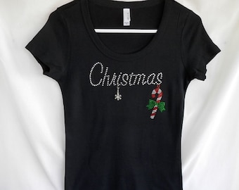 Christmas Candy Candy Womens Rhinestone T Shirt.  It Comes With A Removable Snowflake Or Let It Snow Charm.  Christmas Shirts