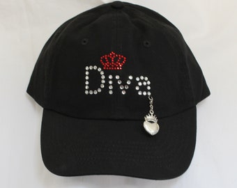 Diva With A Red Crown Womens Rhinestone Baseball Hat.   It Comes With A Removable Heart Crown Charm Or Choose A Charm From The 2nd Picture