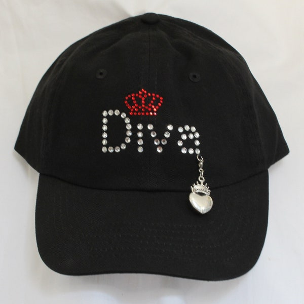 Diva With A Red Crown Womens Rhinestone Baseball Hat.   It Comes With A Removable Heart Crown Charm Or Choose A Charm From The 2nd Picture