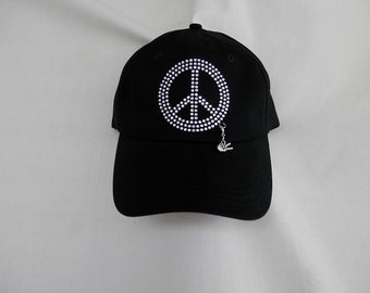 Peace Sign Women's Hat Rhinestone Baseball Cap.  It Comes With A Removable Peace Sign Charm.  Bling Hat