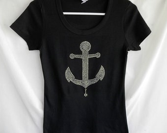 Womens Anchor Rhinestone T-Shirt.  It Comes With A Removable Ship Wheel Charm Or Choose A Charm From The 2nd Pic.  Sailor  Boater  Beach