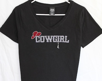 Cowgirl With Hat Womens Rhinestone T-Shirt.  It Comes With A Removable Boot Charm Or Choose A Charm From the 2nd Pic.  Country Concert Rodeo