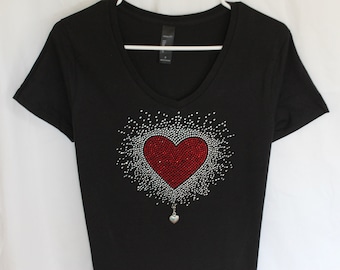 Red Heart With Sparkles Rhinestone Womens T-Shirt.   It Comes With A Removable Heart Charm Or Choose A Charm From The 2nd Picture