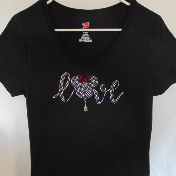 Love Minnie Disney Womens Rhinestone T Shirt.  It Comes With A Removable Castle Charm Or Choose A Charm From The 2nd Pic Bling Shirts