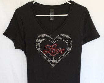 Zebra Heart With Love Rhinestone Womens T-Shirt.   It Comes With A Removable Heart Charm Or Choose A Charm From The 2nd Picture