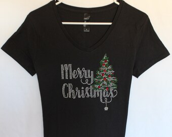 Women's Merry Christmas With Tree Rhinestone Bling T-Shirt.  It Comes With A Removable Present Charm Or Choose A Charm From The 2nd Picture