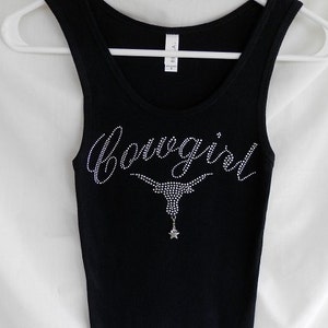 Cowgirl With A Longhorn Womens Rhinestone Tank Top   It Comes With A Removable Star Charm Or Choose A Charm From The 2nd Pic   Texas Tee