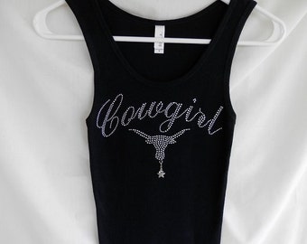 Cowgirl With A Longhorn Womens Rhinestone Tank Top   It Comes With A Removable Star Charm Or Choose A Charm From The 2nd Pic   Texas Tee