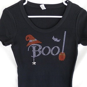 Halloween Boo Womens Rhinestone T Shirt.  It Comes With A Removable Ghost Charm Or Choose A Charm From The 2nd Picture  Bat   Witch   Broom