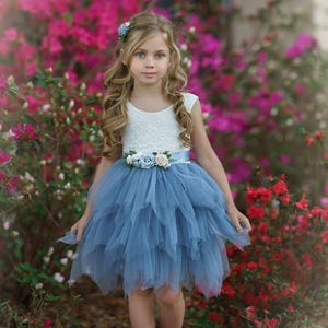 Tulle flower girl dress, lace flower girl dress, dusty blue flower girl dress, Boho flower girl dress, Wedding dress, bohemian flower girl