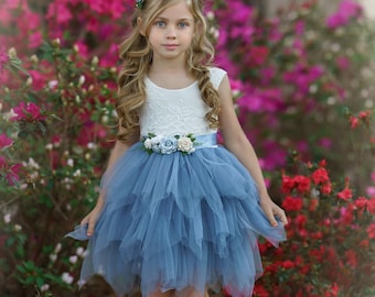 Tulle flower girl dress, lace flower girl dress, dusty blue flower girl dress, Boho flower girl dress, Wedding dress, bohemian flower girl