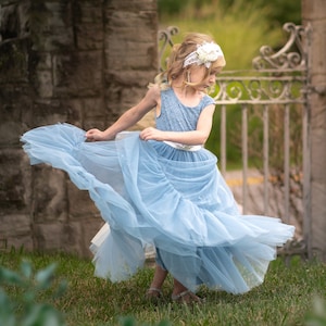 Dusty Blue & Sage Green Flower Girl Dress – Boho Tulle Dress for Weddings, Birthdays, Pageants and Custom Sash Options